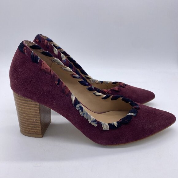 Anthropologie Pointed Toe Pumps 8M Whipstitch Braided Wood Block Heel Suede Wine - Picture 2 of 14